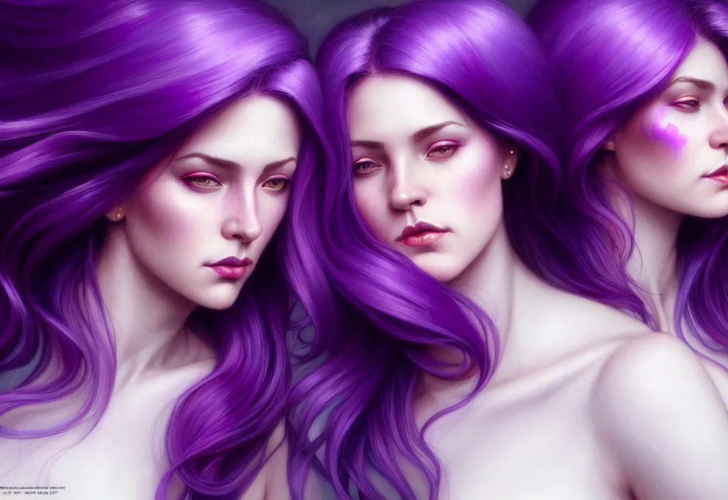 Image similar to Purple hair relistic Portrait of a two woman with bright colored flying hair, all shades of purple. Beauty face, Hair coloring, fantasy, intricate, elegant, highly detailed, digital painting, artstation, concept art, smooth, sharp focus, illustration, art by artgerm and greg rutkowski and alphonse mucha