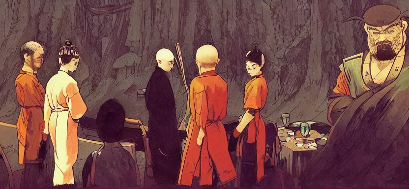 Prompt: the shogun speaks to his council, digital painting masterpiece, by ilya kuvshinov, by frank frazetta, by mœbius, by reiq, by hayao miyazaki, intricate detail, beautiful brush strokes, advanced lighting technology, 4 k wallpaper, interesting character design, stylized yet realistic anatomy and faces, inspired by kill bill animated scene