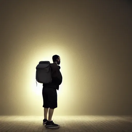 Prompt: small fragile jewish man with a big nose and big backpack on his back, 8k resolution, full HD, cinematic lighting, award winning, anatomically correct