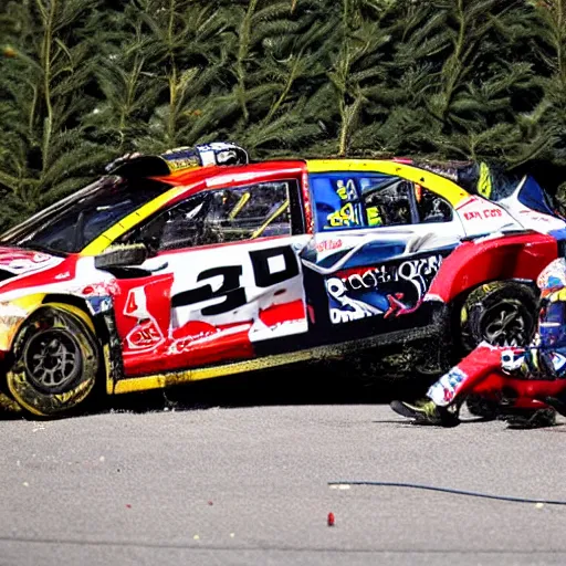 Image similar to Petter Solberg after he crashed into the christmas tree