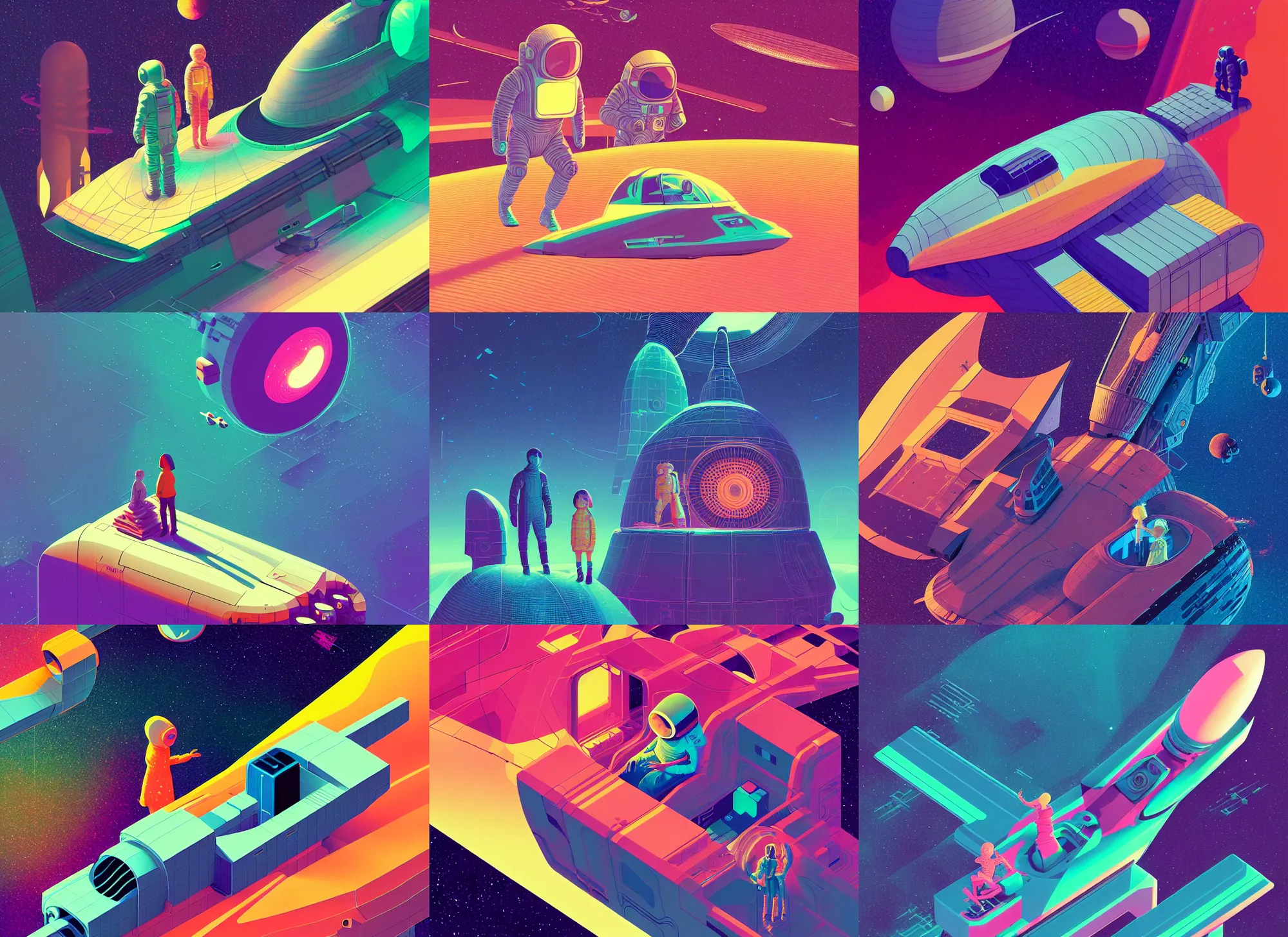 Prompt: ( ( strong dither ) ), editorial illustration interior portrait of space ship with a young astronaut girl, isometric 3 d, colorful modern, mads berg, victo ngai, jean giraud, christopher balaskas, dynamic composition, detailed, matte print, dynamic perspective, halftone texture, muted color, lomography