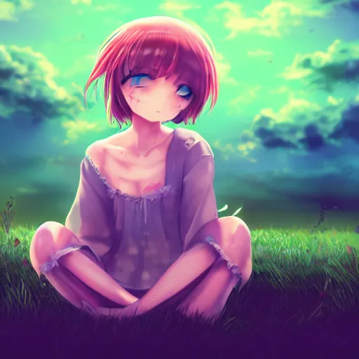 Prompt: anime girl sitting on a grassy field and staring up at the universe, digital art, 4K