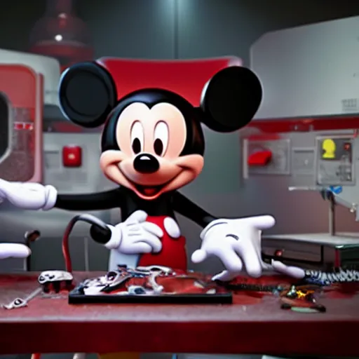 Image similar to mickey mouse being dissected by a group of network executives, on an operating table, octane render, cgstation, 3 d render, very detailed, mindblowing, blood and guts, gritty, cyberpunk