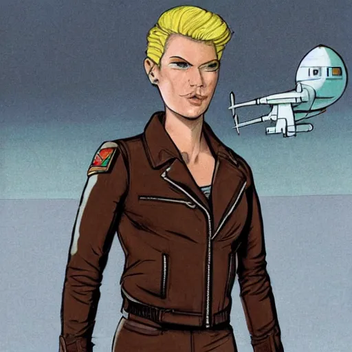 Prompt: character concept art of heroic square - jawed emotionless serious blonde butch woman aviator, with very short butch slicked - back hair, wearing brown leather jacket, standing in front of small spacecraft, alien 1 9 7 9, illustration, science fiction, retrofuture, highly detailed, colorful, realistic, graphic, ron cobb, mike mignogna