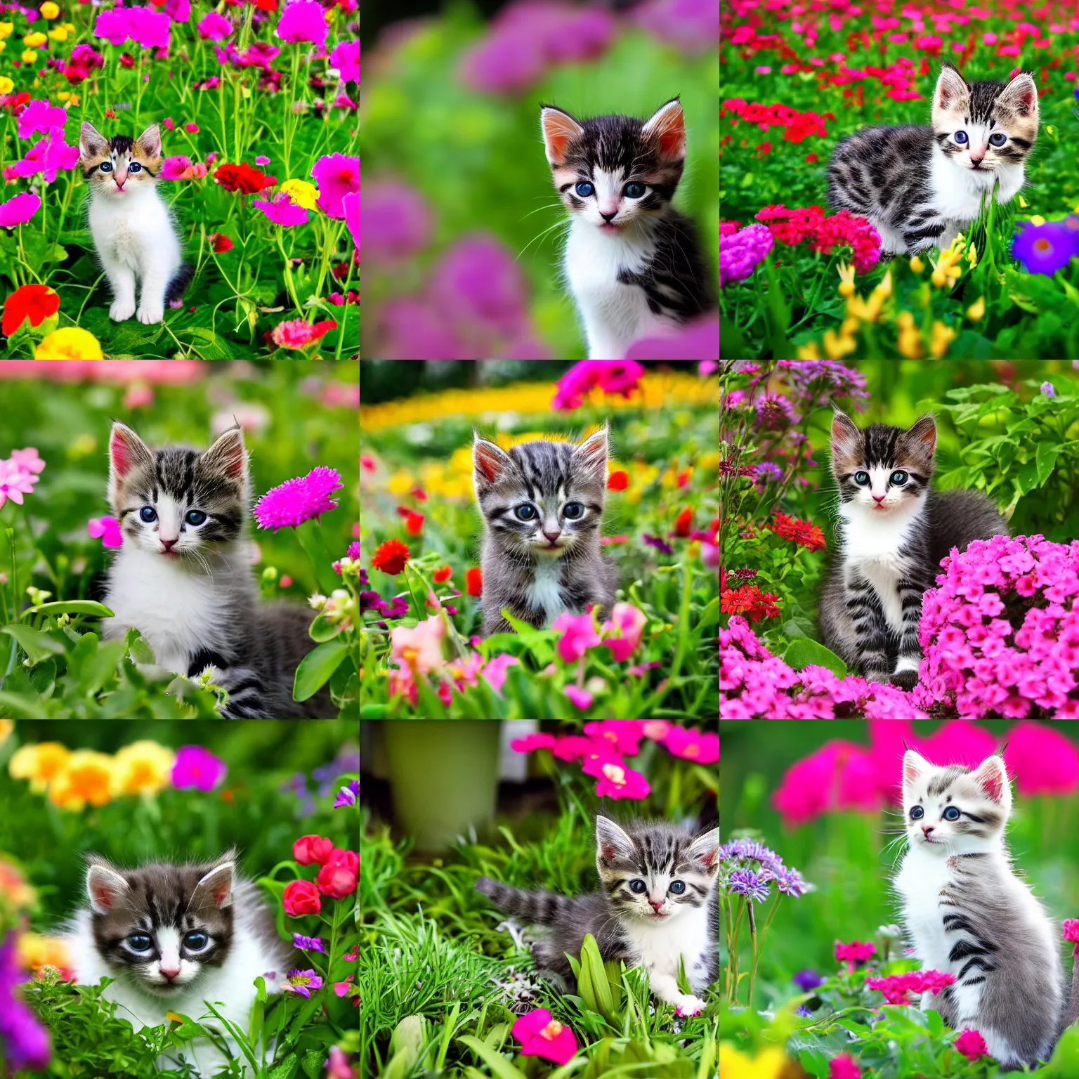 Prompt: a photograph of a kitten in a flower garden