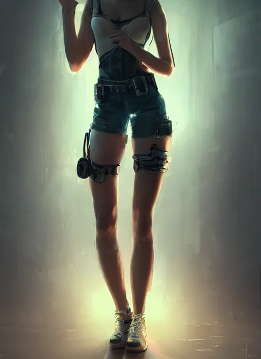 Prompt: a beautiful girl posing on the floor, wearing shorts with suspenders, cyberpunk, dramatic lighting, high detail, concept art, artstation, by Paolo Eleuteri Serpieri