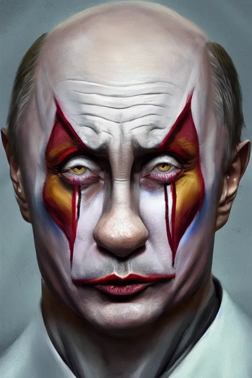 Image similar to Putin wearing Clown Makeup, anatomy, only two hands, highly detailed, digital painting, artstation, concept art, smooth, sharp focus, illustration, Unreal Engine 5, 8K, art by art by artgerm and greg rutkowski and edgar maxence