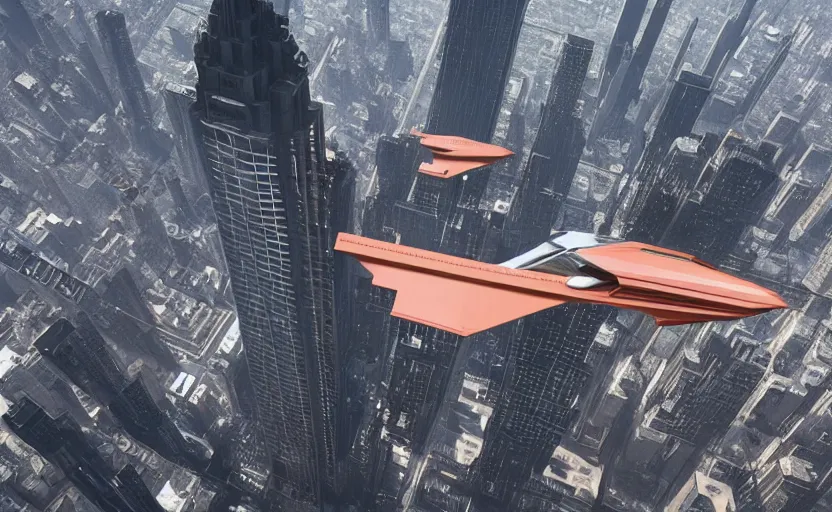 Prompt: a intricate detailed spaceship designed by peter schreyer flying over NYC in style of blade runner 2049