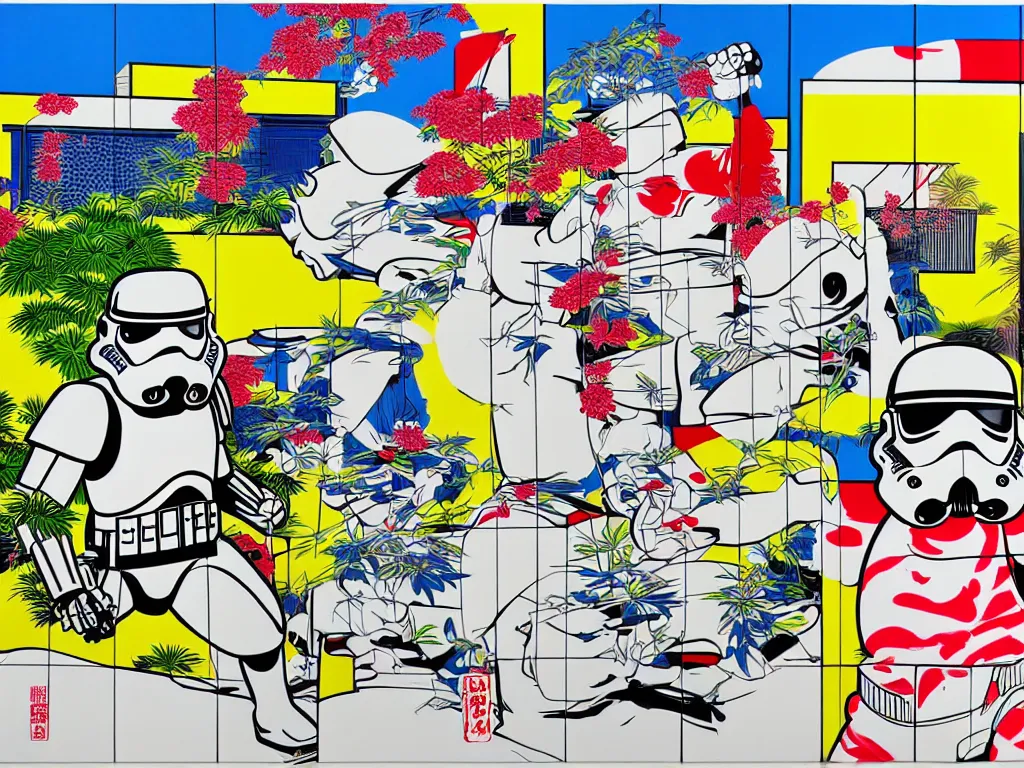 Image similar to hyperrealistic composition of the japanese home with a garden, stormtrooper in hot springs, pop - art style, jacky tsai style, andy warhol style, roy lichtenstein style, pastel palette, acrylic on canvas