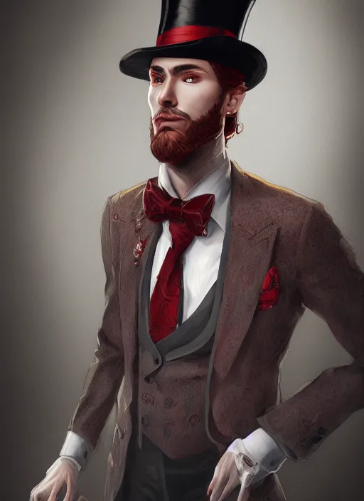 Image similar to a highly detailed illustration of stylish top hat wearing red haired attractive man, wearing suit vest, leaning back pose, intricate, elegant, highly detailed, centered, digital painting, artstation, concept art, smooth, sharp focus, league of legends concept art, WLOP