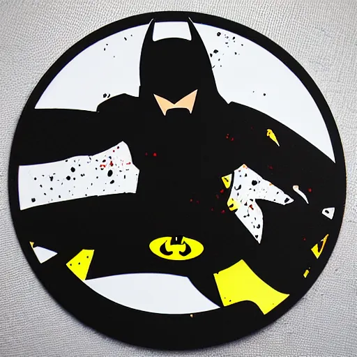 Image similar to die cut sticker, batman breakdancing in techwear splatter paint