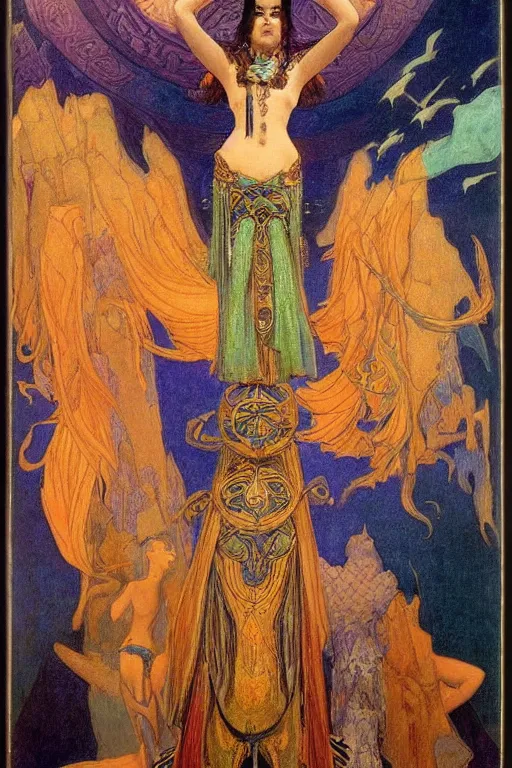 Prompt: gutterpunk goddess , by Nicholas Roerich and Annie Swynnerton and jean delville and Gaston Bussière, black leather and embroidered velvet, iridescent beetles, rich color, dramatic cinematic lighting, extremely detailed