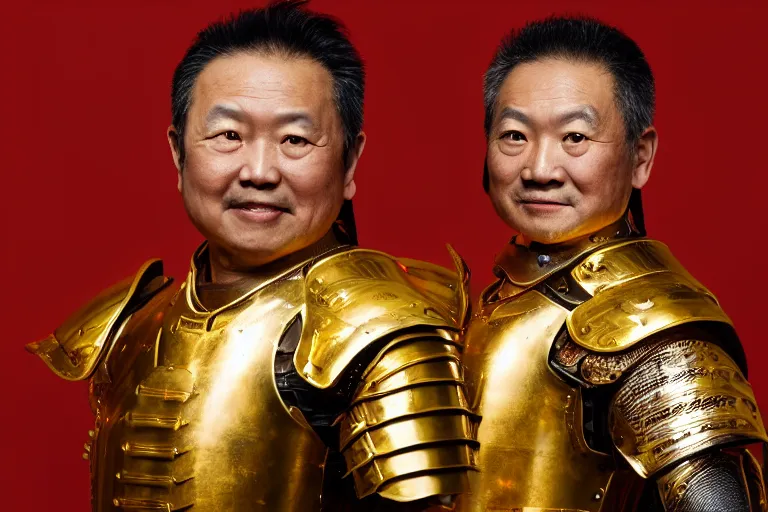 Image similar to a cinematic studio headshot portrait of a middle aged asian man wearing gold plated armour, no helmet, orange color theme, dramatic lighting, back light, hair light, rim light, 4 k, ultra realistic, by annie leibovitz