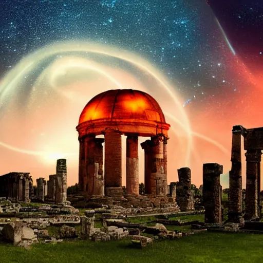 Image similar to a colossal gigantic glowing orange jellyfish hovering beneath a portal in the sky, tendrils hanging towards the ground, galaxies and stars in a stylized sky at twilight, ancient ruins in the foreground, ancient cities in the background, digital art