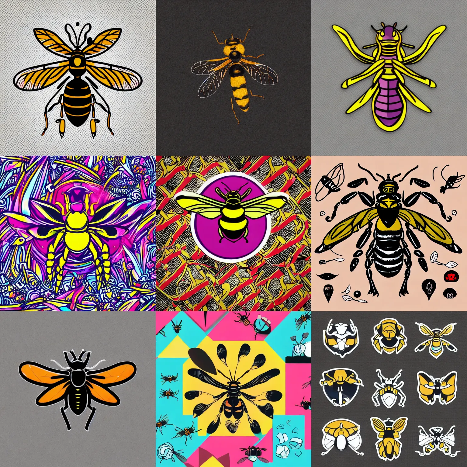 Prompt: “ aggressive wasp, full body mascot, sticker, highly detailed, colorful, illustration, smooth and clean vector curves, no jagged lines, low noise, vector art, logo ”