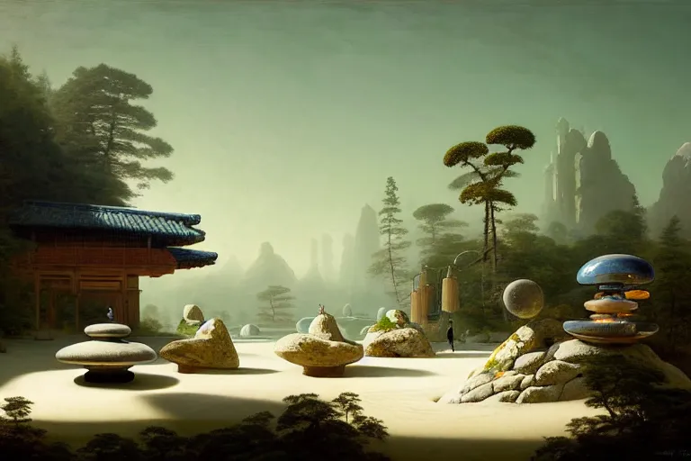 Prompt: a solarpunk zen garden by simon stalenhag and hubert robert and ivan shishkin and zacharias aagaard and gillis rombouts, white sand, smooth rocks, chiaroscuro, tonalism, sfumato, high saturation, high contrast, vibrant, highly intricate details, dusty