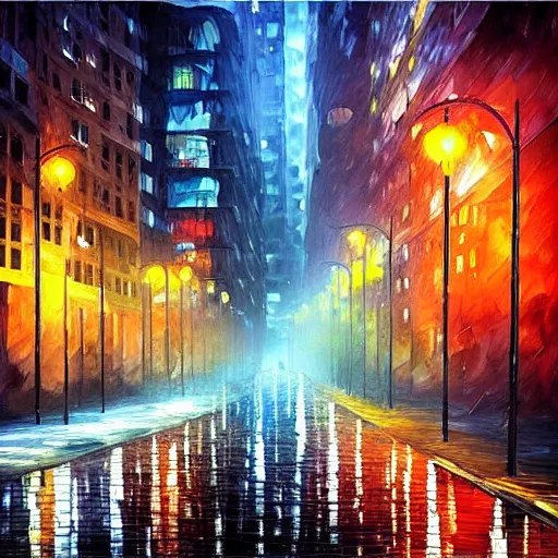 Prompt: “cyberpunk city in the rain, dystopian, style of leonid afremov”