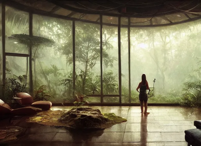 Image similar to a beautiful painting of the interior of a geodesic house in a moist tropical rainforest, living room, by greg rutkowski, realism, artstation, nature