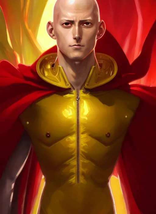 Image similar to ultra realistic illustration, handsome saitama. yellow and red cape, intricate, elegant, highly detailed, digital painting, artstation, concept art, smooth, sharp focus, illustration, art by artgerm and greg rutkowski and alphonse mucha and wlop