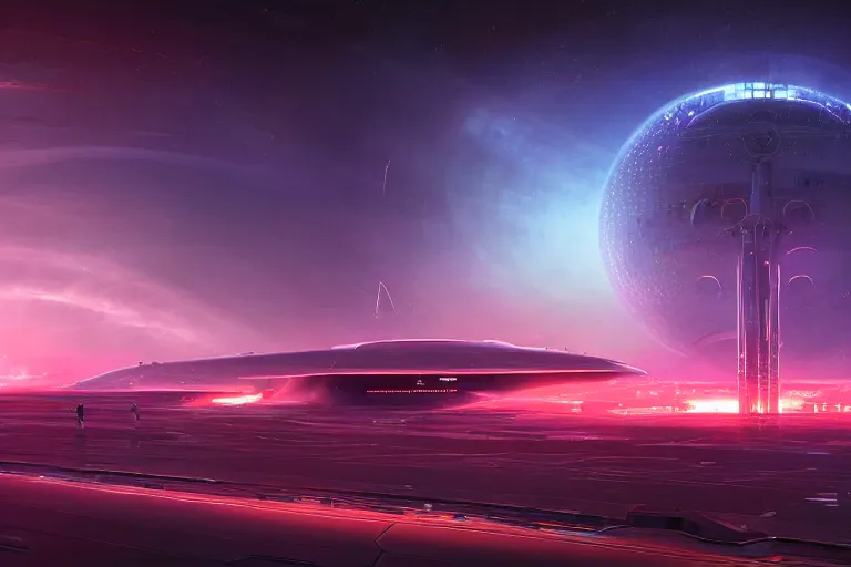 Image similar to a distant futuristic military installation, on the horizon, sleek, menacing, glowing lighting and neon signs, Raymond Swanland and Jessica Rossier nebula like clouds in space background near a ringed gas giant, hyper detailed hyper detailed, 8k, ultra realistic, cinematic lighting, ultra wide 35mm lens, Boeing Concept Art, Lockheed concept art