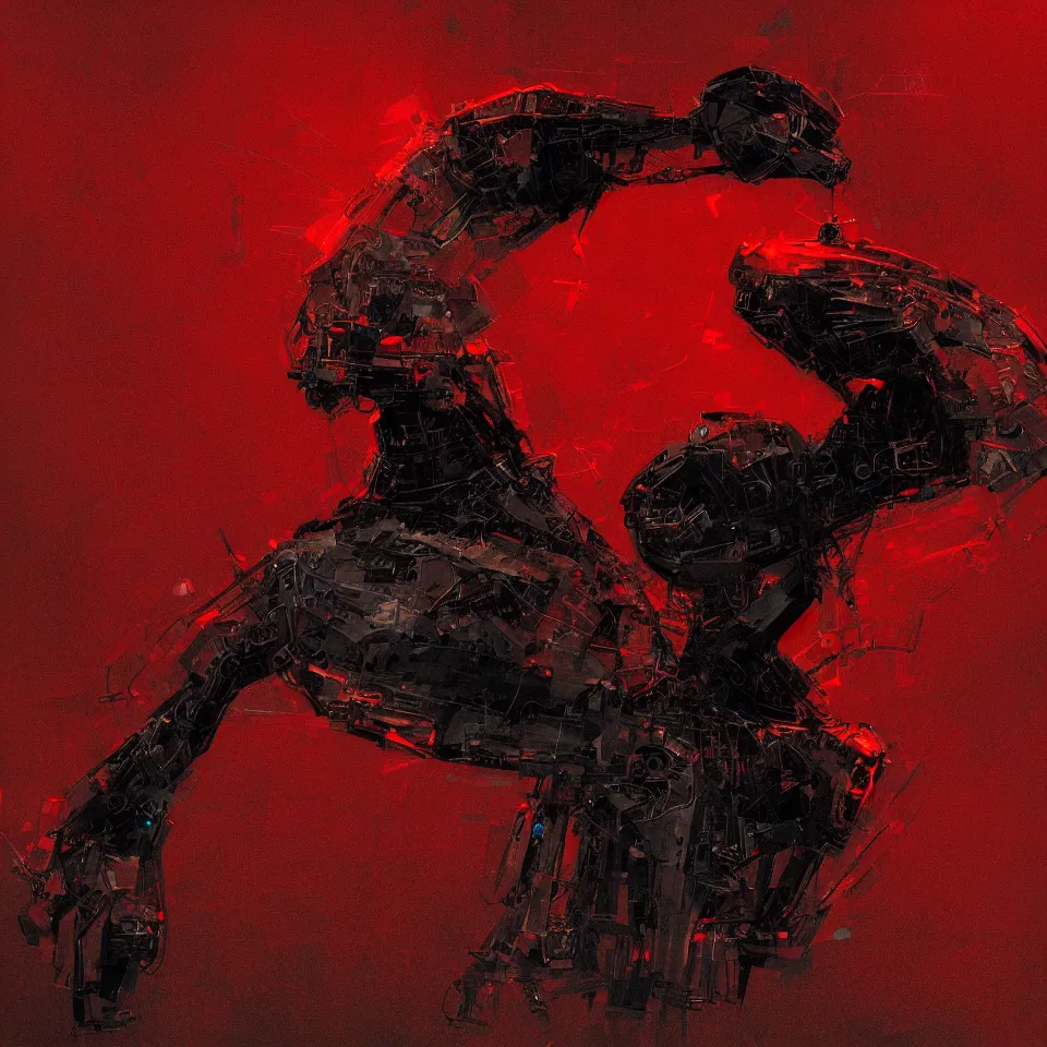 Image similar to robotic bird, digital painting, digital art, beautiful, cinematic, 4 k, ultra hd, art by ben templesmith, dynamic lighting, black and red color scheme