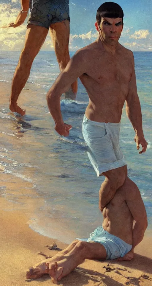 Image similar to ZACHARY QUINTO SPOCK in shorts, beach, sun shining, (SFW) safe for work, photo realistic illustration by greg rutkowski, thomas kindkade, alphonse mucha, loish, norman rockwell