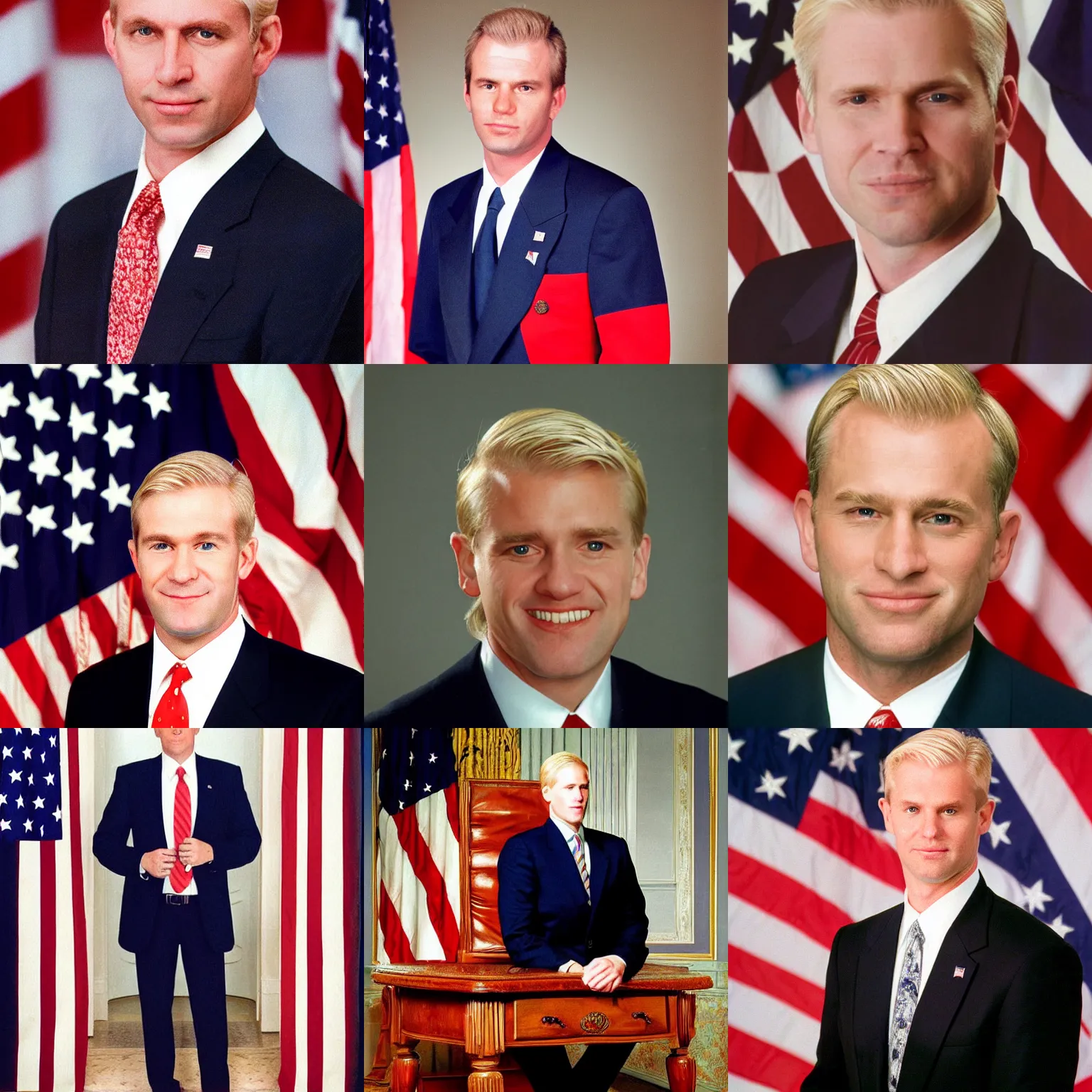 Prompt: Official Portrait of the President of the United States, 1998. He is a 45 year old white man with blonde hair and a handsome face. He is wearing a suit in front of the American Flag
