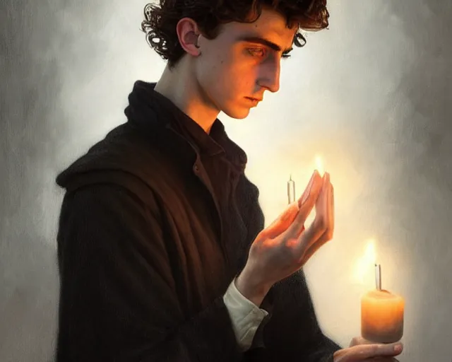 Image similar to a mind - blowing portrait of timothee chalamet, holding a candle holder, wearing dark maritime clothing, long night cap, deep focus, d & d, fantasy, intricate, elegant, highly detailed, digital painting, artstation, concept art, matte, sharp, illustration, hearthstone, art by artgerm and greg rutkowski and alphonse mucha