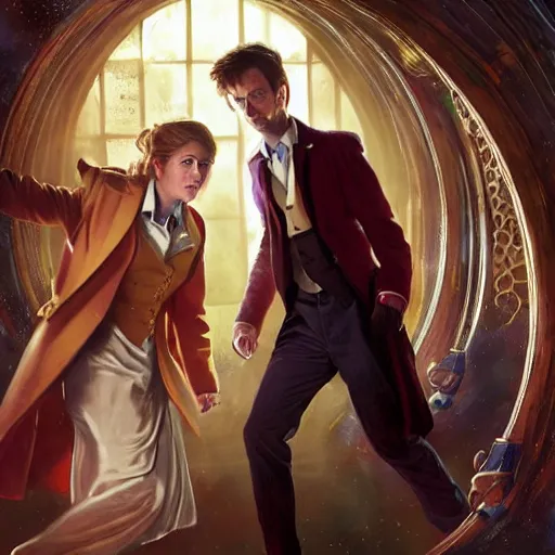 Image similar to david tennant as tenth doctor who and hermione granger in tardis, highly detailed, artstation, concept art, fantasy, smooth, sharp focus, illustration, perfect face, art by nikolay makovsky, jacek malczewski, arthur hughes, edward okun, franz xaver winterhalter