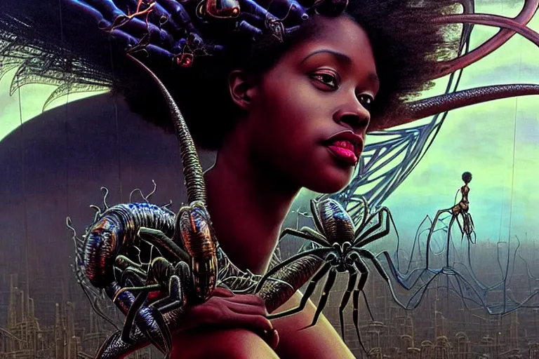 Prompt: realistic detailed closeup portrait movie shot of a beautiful black woman riding a giant spider, dystopian city landscape background by denis villeneuve, amano, yves tanguy, alphonse mucha, max ernst, ernst haeckel, edward robert hughes, roger dean, cyber necklace, rich moody colours, sci fi patterns, wide angle
