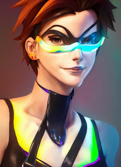 Image similar to portrait bust digital artwork of tracer overwatch, wearing black iridescent rainbow latex tank top, 4 k, expressive happy smug expression, makeup, in style of mark arian, angel wings, wearing detailed black leather collar, chains, black leather harness, detailed face and eyes,