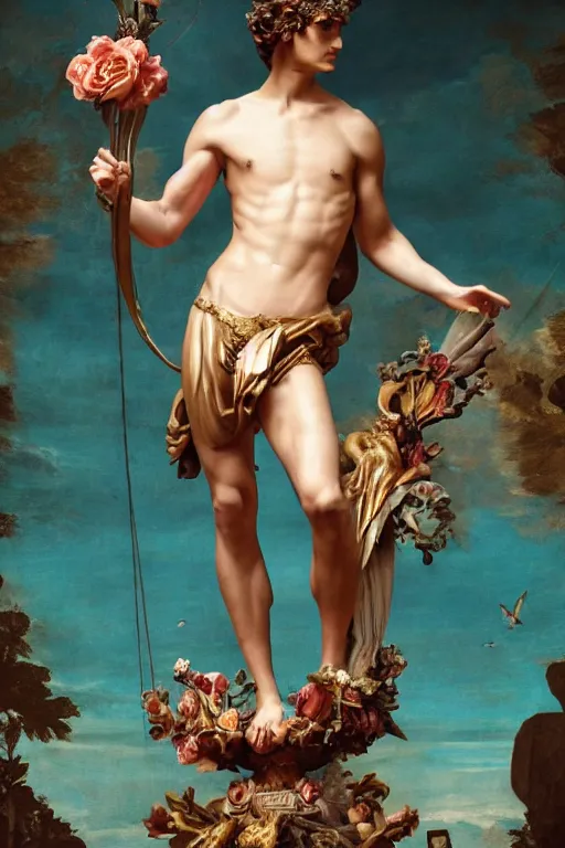 Image similar to a young handsome Spanish prince in a full-body bronze cyberpunk style statue of Icarus posed like a bird, crown of peach roses, flowing teal-colored silk, fabric, flowers. baroque elements, human skull. full-length view. baroque element. intricate artwork by caravaggio. many many birds birds on background. Trending on artstation, octane render, cinematic lighting from the right, hyper realism, octane render, 8k, depth of field, 3D