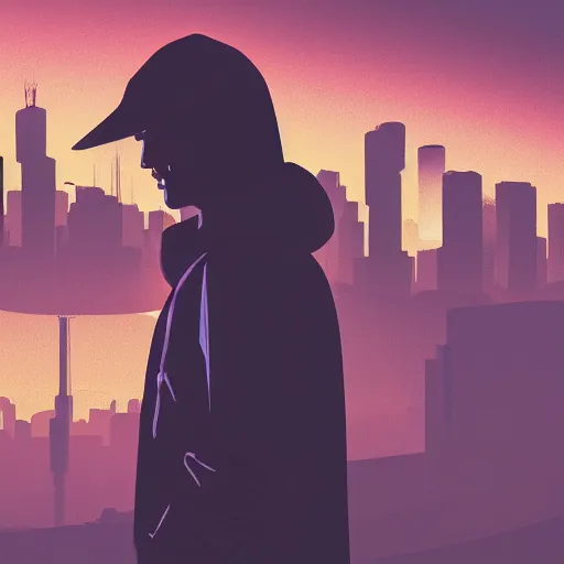 Prompt: digital art cyberpunk landscape silhouette of young man in a hoodie in the foreground