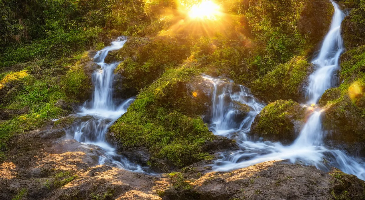 Prompt: Sunrise at the waterfall, photo