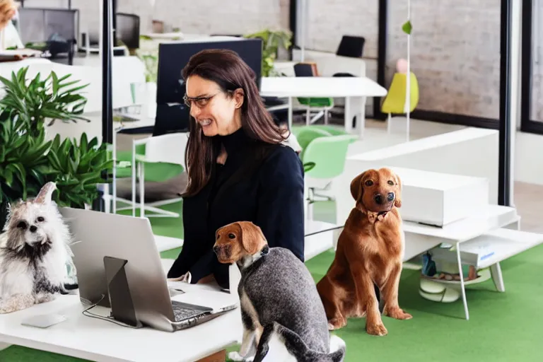 Prompt: pets are working in co - working modern offices
