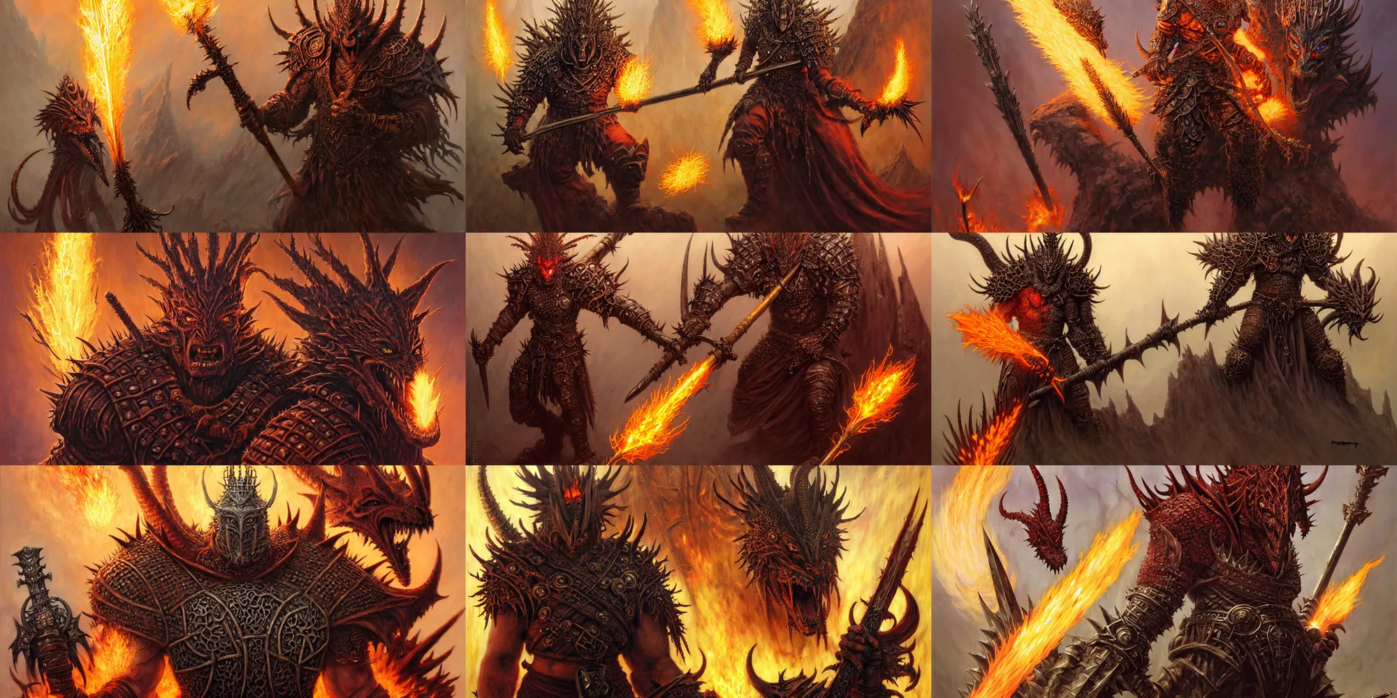 Prompt: fantasy character portrait, enraged orc king in spiky armor with a fiery aura, wearing a dragon mask, holding an axe, ultra realistic, wide angle, intricate details, the fifth element artifacts, highly detailed by peter mohrbacher, hajime sorayama, wayne barlowe, boris vallejo, aaron horkey, gaston bussiere, craig mullins