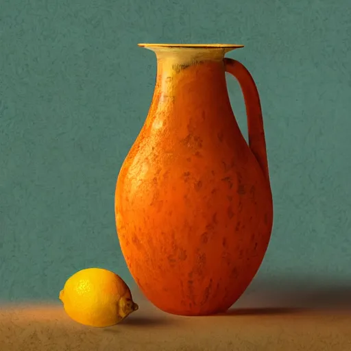 Image similar to still art, antique jug with palms inside, old candle, much vegetables, lemon, orange, pepper, cinematic light, detailed, digital art, concept art, trending on artstation, highly detailed, intricate, sharp focus, digital art, 8 k