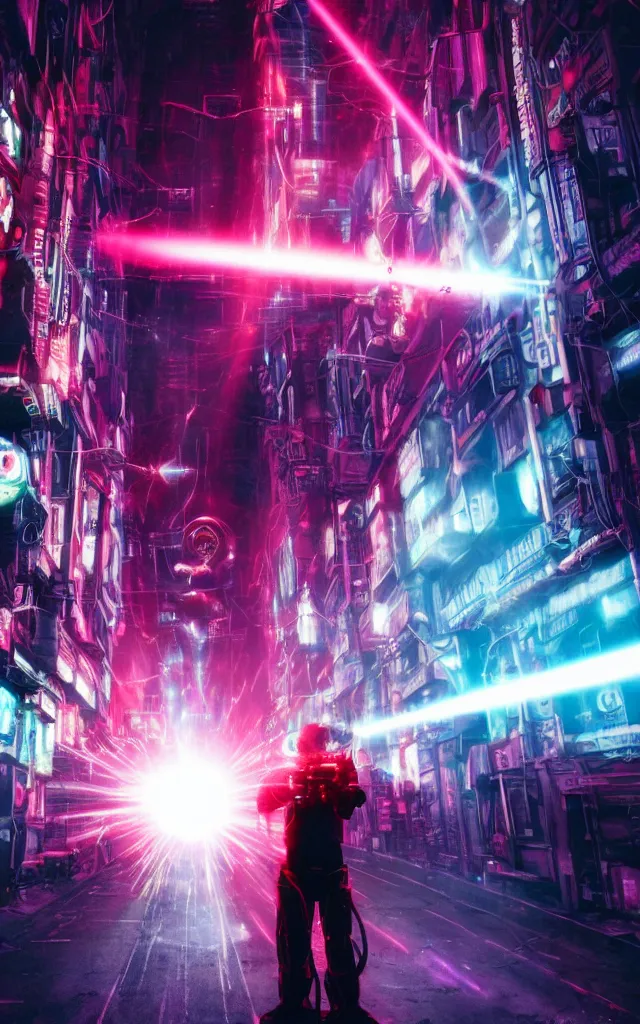 Image similar to Pope shooting bright lasers in front of robotic nuns, 80s, science fiction, cyberpunk, neon, low angle shot, cross, pope, movie poster, futuristic