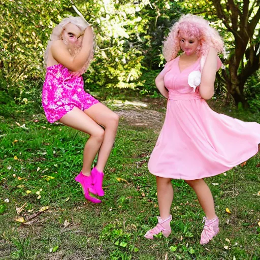 Image similar to young white girl, pink flowery dress, blond curly hair, causing mahem