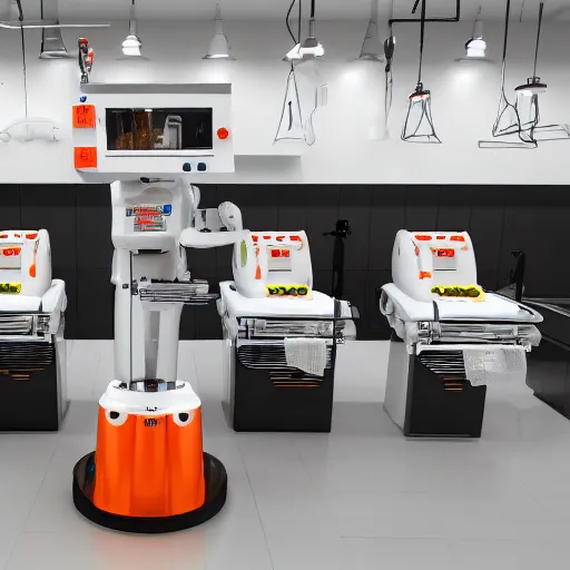 Image similar to butcher shop with three robotic kuka robot cutting machines, octane rendered, highly detailed