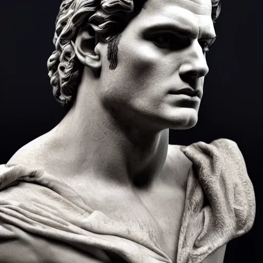 Prompt: henry cavill as as a baroque marble statue, hyper realistic, unreal render engine, studio shot, dynamic light, gallery