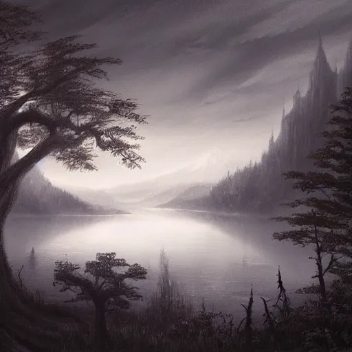 Prompt: an ultra detailed painting of a dark and mysterious misty lake at night, far away behind it is a single cliff with a dark castle on top of it with a few windows lit, dark forests surrounding, twilight, highly detailed, fantasy, realistic, concept art, dark fantasy, haunting scenery, looming trees