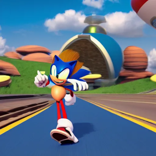 Image similar to eggman from sonic running fast, gorgeous, studio, dynamic lighting, 8k wide angle