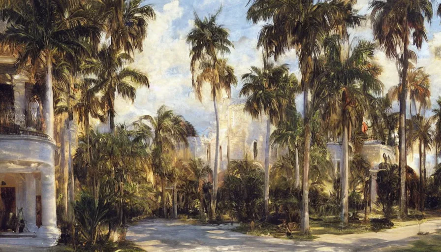 Prompt: artwork painting of the front of a florida building by eugene von guerard, ivan shishkin, john singer sargent