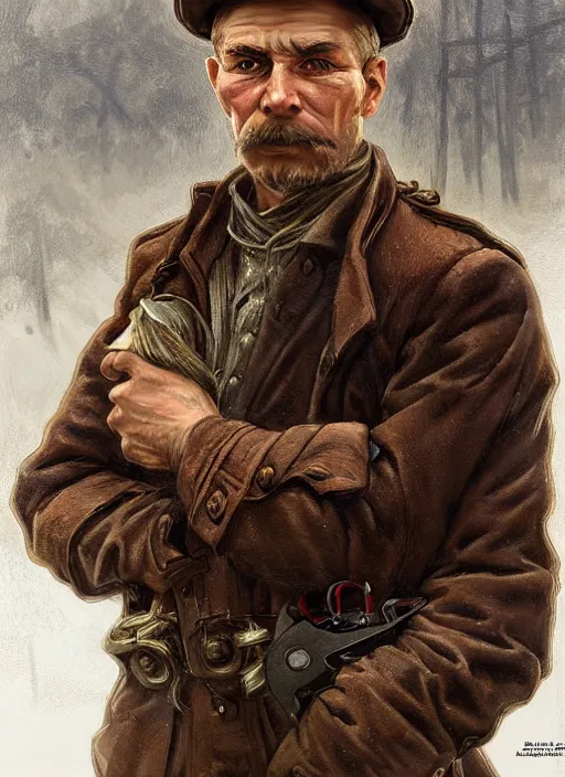 Image similar to a russian railroad electrician!!!, male!!, siberia!!, portrait, intricate, elegant, highly detailed, digital painting, artstation, concept art, wallpaper, smooth, sharp focus, illustration, art by artgerm and greg rutkowski and alphonse mucha