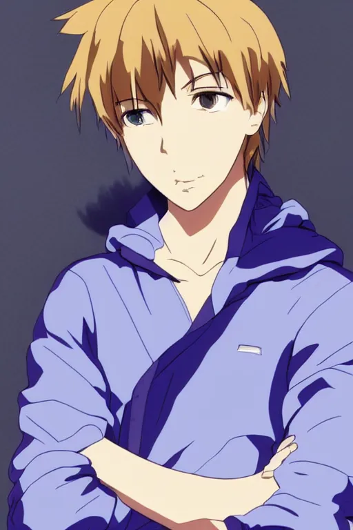 Prompt: portrait of a teen boy wearing a blue and white jumpsuit, brown spiky hair, tan skin, purple eyes, detailed, anime key visual, hisashi hirai