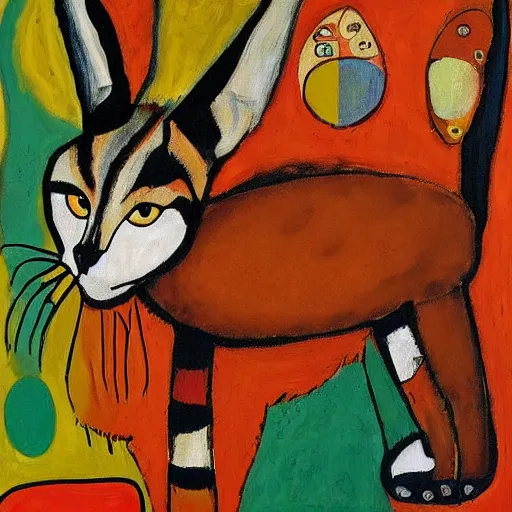 Image similar to a painting of cute caracal from futurama by graham sutherland, egon schiele, gustav klimt, joan miro, basquiat, expressionism