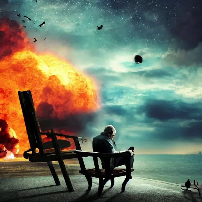 Image similar to cinematic movie, background blur bokeh, old man sitting in chair with black cat watching nuke explosion, world ending nuke, 4 k