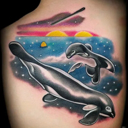 Image similar to old school tattoo of a Rabbit glock in its paws, riding on a killer whale through space traditional American tattoo by Sailor Jerry