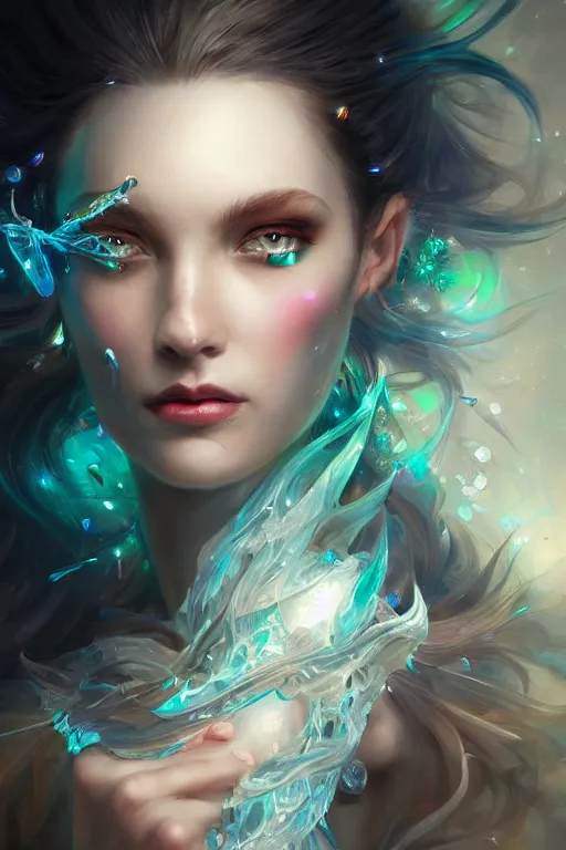 Prompt: face closeup of beautiful model wearing glass and ice dress, sorcerer, diamonds, angel, fantasy, dramatic lighting, highly detailed, digital painting, holding electricity, magic the gathering, hyper detailed, 3 d render, hyper realistic detailed portrait, peter mohrbacher, wlop, ruan jia